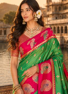 green silk blend woven work traditional saree 2