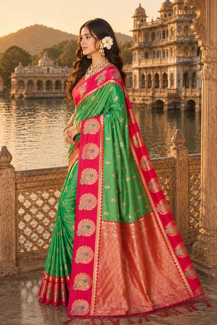 green silk blend woven work traditional saree