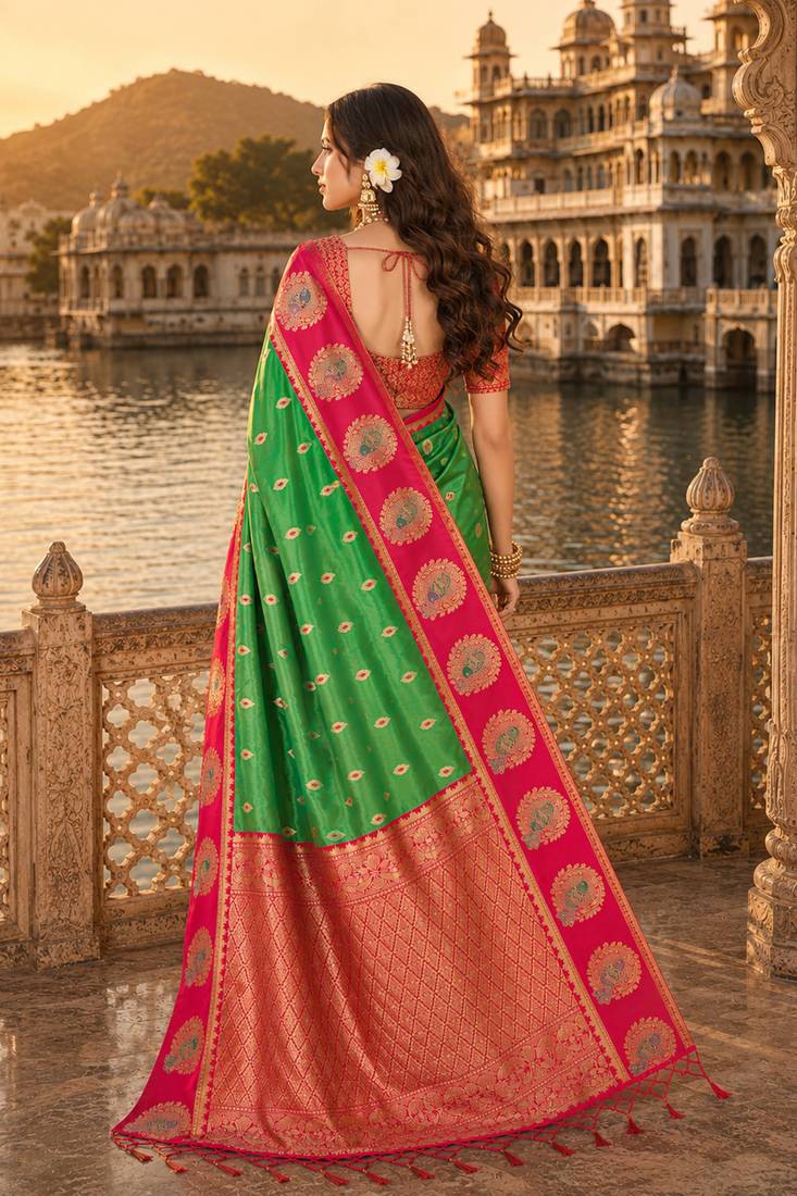 green silk blend woven work traditional saree