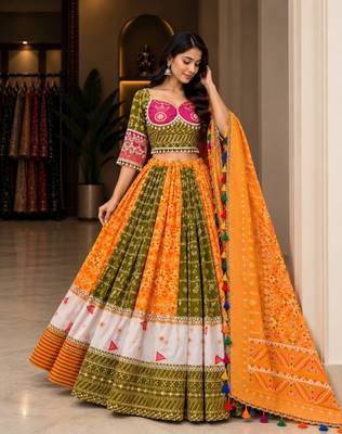 Mustard Yellow & Pink Navratri Lehenga Choli With Dupatta 2