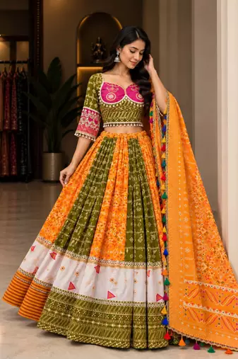 Mustard Yellow & Pink Navratri Lehenga Choli With Dupatta