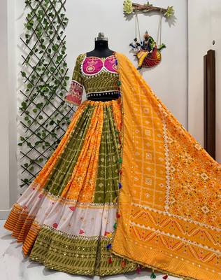 Mustard Yellow & Pink Navratri Lehenga Choli With Dupatta 3
