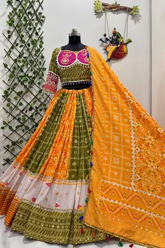 Mustard Yellow & Pink Navratri Lehenga Choli With Dupatta