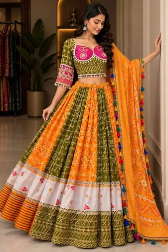 Mustard Yellow & Pink Navratri Lehenga Choli With Dupatta