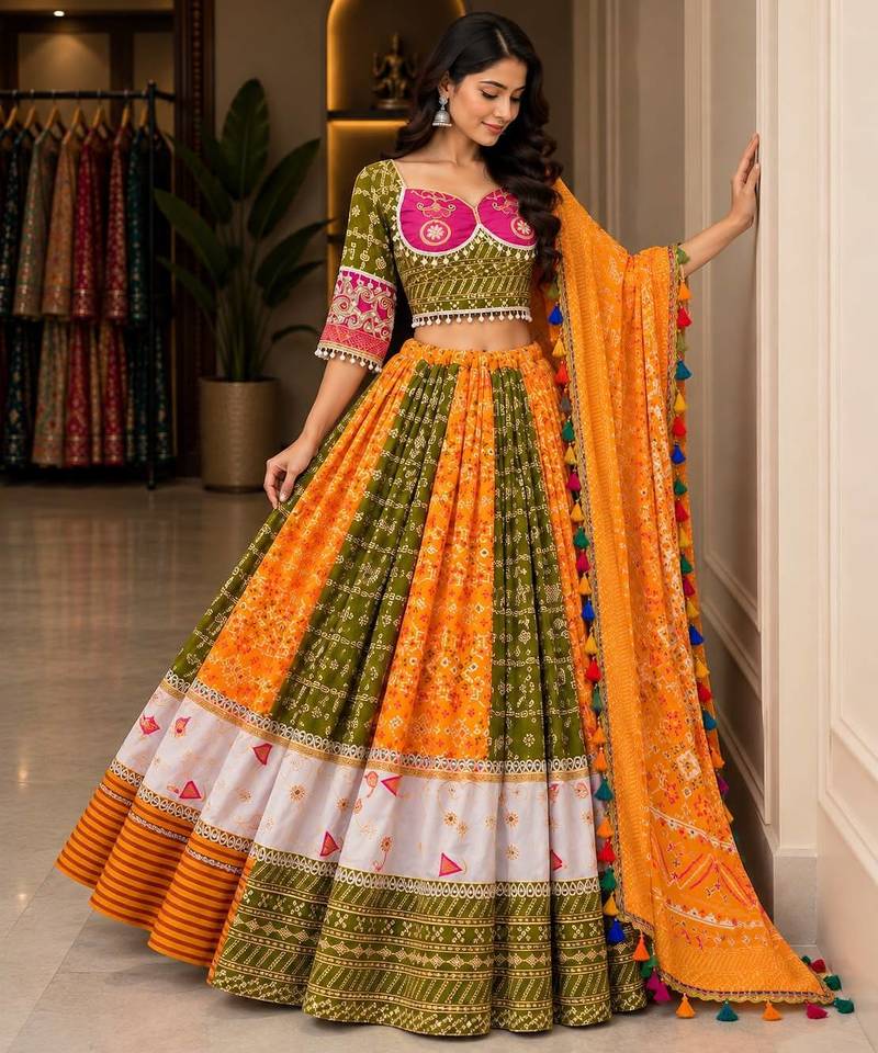 Mustard Yellow & Pink Navratri Lehenga Choli With Dupatta