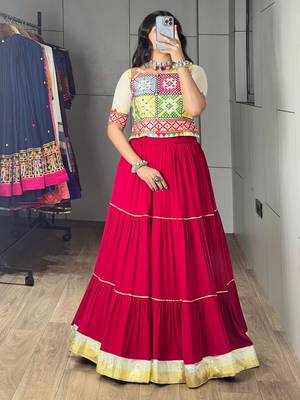 RED RAYON PARTY WEAR EMBROIDERY NAVRATRI LEHENGA CHOLI FREE SIZE SUPPORTED UP TO 44'' 1