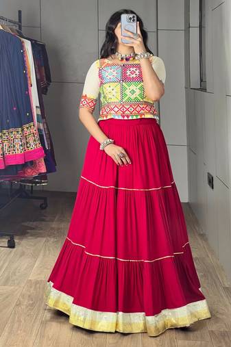 RED RAYON PARTY WEAR EMBROIDERY NAVRATRI LEHENGA CHOLI FREE SIZE SUPPORTED UP TO 44''