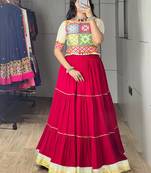 RED RAYON PARTY WEAR EMBROIDERY NAVRATRI LEHENGA CHOLI FREE SIZE SUPPORTED UP TO 44''