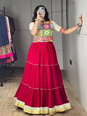 RED RAYON PARTY WEAR EMBROIDERY NAVRATRI LEHENGA CHOLI FREE SIZE SUPPORTED UP TO 44'' 2
