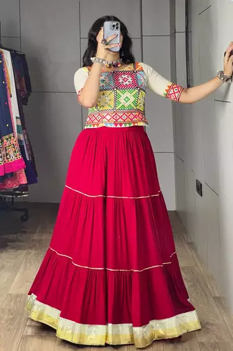 RED RAYON PARTY WEAR EMBROIDERY NAVRATRI LEHENGA CHOLI FREE SIZE SUPPORTED UP TO 44''