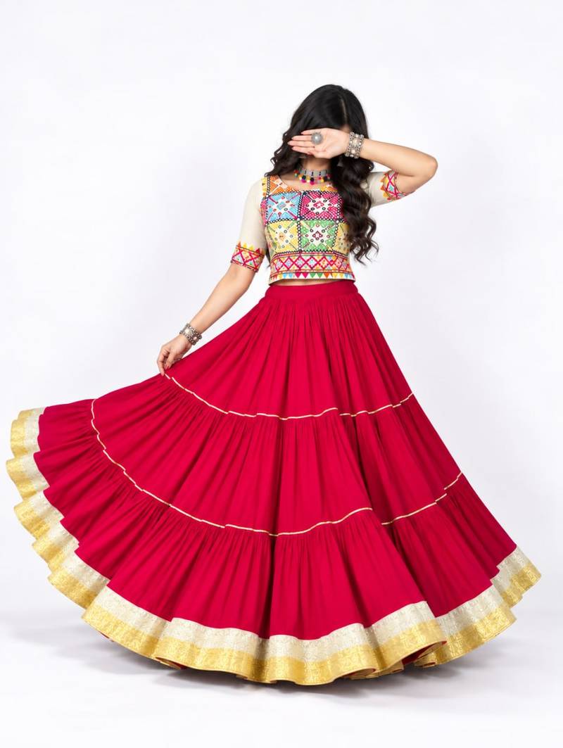 RED RAYON PARTY WEAR EMBROIDERY NAVRATRI LEHENGA CHOLI FREE SIZE SUPPORTED UP TO 44''