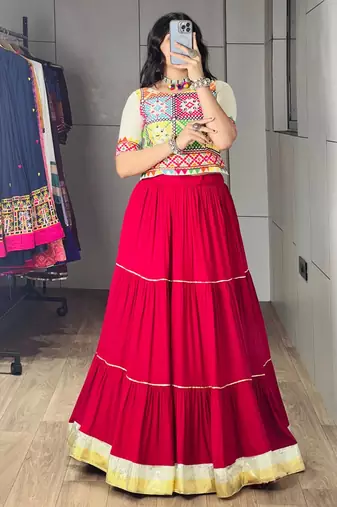 RED RAYON PARTY WEAR EMBROIDERY NAVRATRI LEHENGA CHOLI FREE SIZE SUPPORTED UP TO 44''