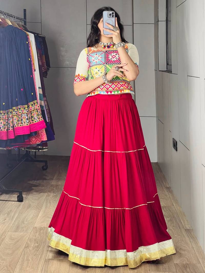 RED RAYON PARTY WEAR EMBROIDERY NAVRATRI LEHENGA CHOLI FREE SIZE SUPPORTED UP TO 44''