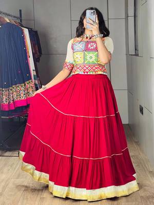 RED RAYON PARTY WEAR EMBROIDERY NAVRATRI LEHENGA CHOLI FREE SIZE SUPPORTED UP TO 44'' 5