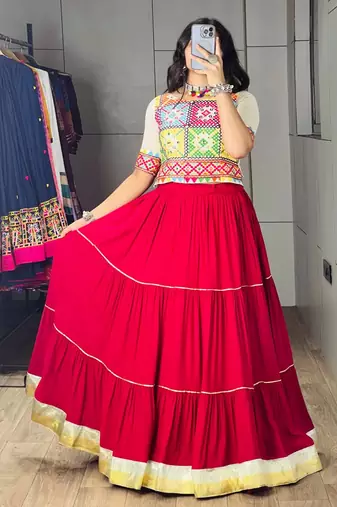 RED RAYON PARTY WEAR EMBROIDERY NAVRATRI LEHENGA CHOLI FREE SIZE SUPPORTED UP TO 44''
