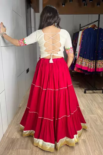 RED RAYON PARTY WEAR EMBROIDERY NAVRATRI LEHENGA CHOLI FREE SIZE SUPPORTED UP TO 44''