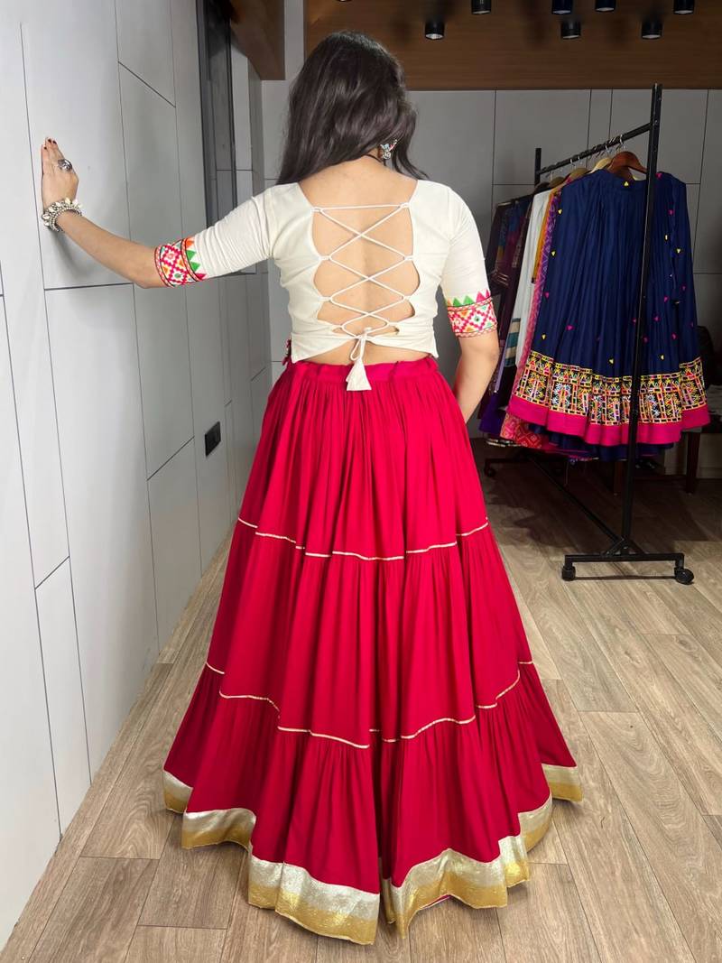 RED RAYON PARTY WEAR EMBROIDERY NAVRATRI LEHENGA CHOLI FREE SIZE SUPPORTED UP TO 44''