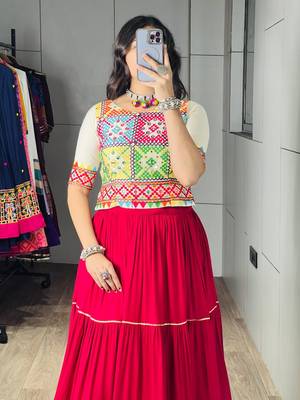 RED RAYON PARTY WEAR EMBROIDERY NAVRATRI LEHENGA CHOLI FREE SIZE SUPPORTED UP TO 44'' 7