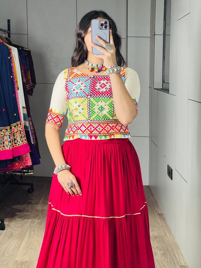 RED RAYON PARTY WEAR EMBROIDERY NAVRATRI LEHENGA CHOLI FREE SIZE SUPPORTED UP TO 44''