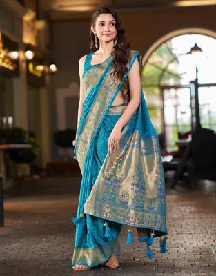 Teal blue patola Silk Blend saree with woven zari border & tassels 1