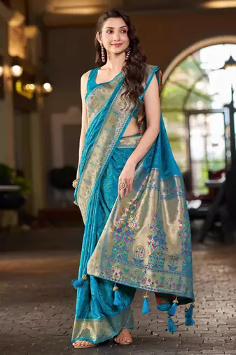Teal blue patola Silk Blend saree with woven zari border & tassels