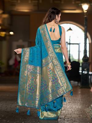 Teal blue patola Silk Blend saree with woven zari border & tassels 2