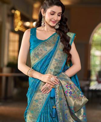 Teal blue patola Silk Blend saree with woven zari border & tassels 3
