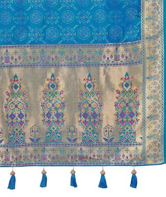 Teal blue patola Silk Blend saree with woven zari border & tassels 5