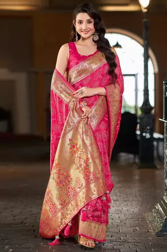 Baby pink patola Silk Blend saree with woven zari border & tassels