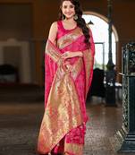 Baby pink patola Silk Blend saree with woven zari border & tassels