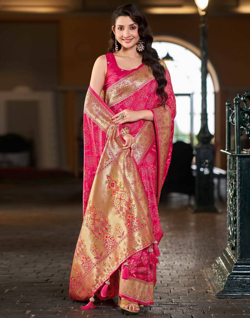 Baby pink patola Silk Blend saree with woven zari border & tassels