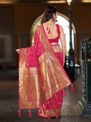 Baby pink patola Silk Blend saree with woven zari border & tassels 2