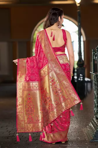 Baby pink patola Silk Blend saree with woven zari border & tassels