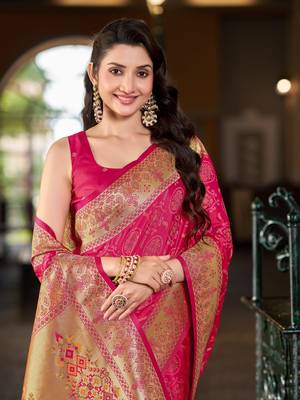 Baby pink patola Silk Blend saree with woven zari border & tassels 3