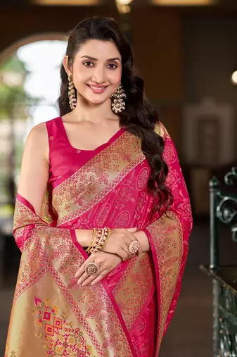 Baby pink patola Silk Blend saree with woven zari border & tassels