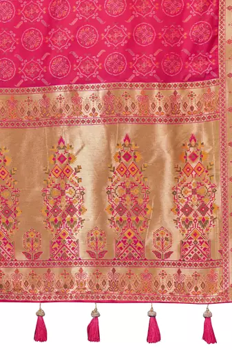 Baby pink patola Silk Blend saree with woven zari border & tassels