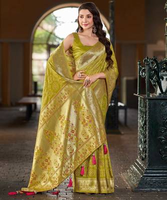 Olive green patola Silk Blend saree with woven zari border tassels 1
