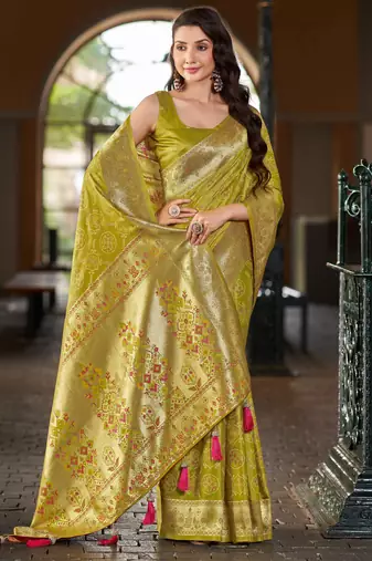 Olive green patola Silk Blend saree with woven zari border tassels