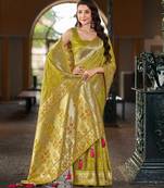 Olive green patola Silk Blend saree with woven zari border tassels