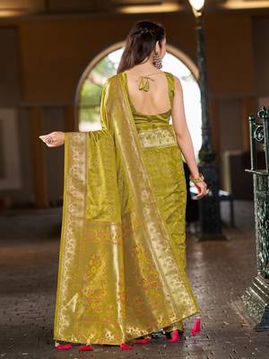 Olive green patola Silk Blend saree with woven zari border tassels 2
