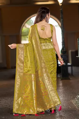 Olive green patola Silk Blend saree with woven zari border tassels