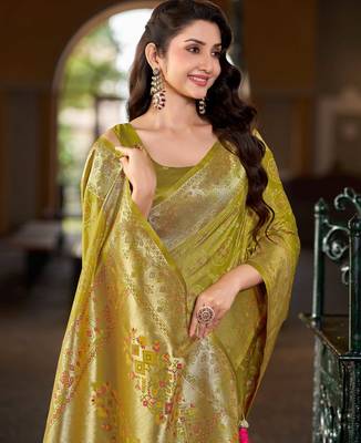 Olive green patola Silk Blend saree with woven zari border tassels 3