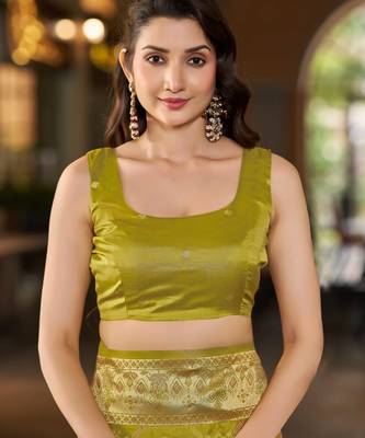 Olive green patola Silk Blend saree with woven zari border tassels 4