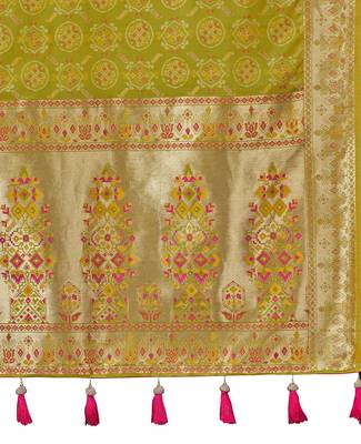 Olive green patola Silk Blend saree with woven zari border tassels 5
