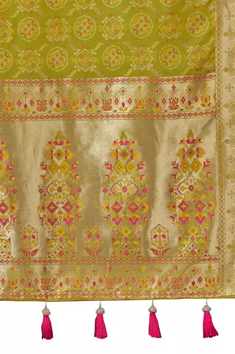 Olive green patola Silk Blend saree with woven zari border tassels