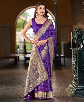 Purple patola Silk Blend saree with woven zari border & tassels 1