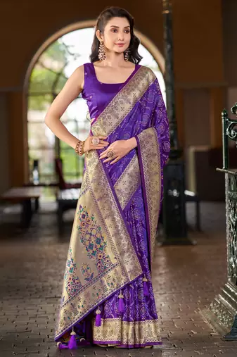 Purple patola Silk Blend saree with woven zari border & tassels