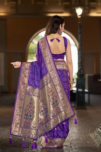 Purple patola Silk Blend saree with woven zari border & tassels