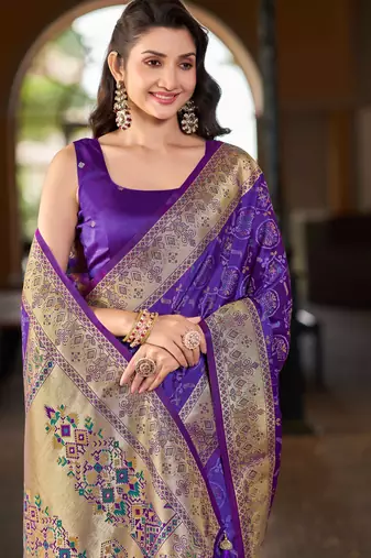 Purple patola Silk Blend saree with woven zari border & tassels
