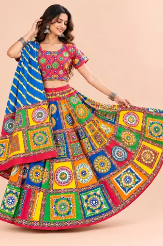 Cotton Long Flair Aari Embroidery Kutch Work (Lehenga Choli) Chaniya Choli Set with Dupatta Red - Free Size